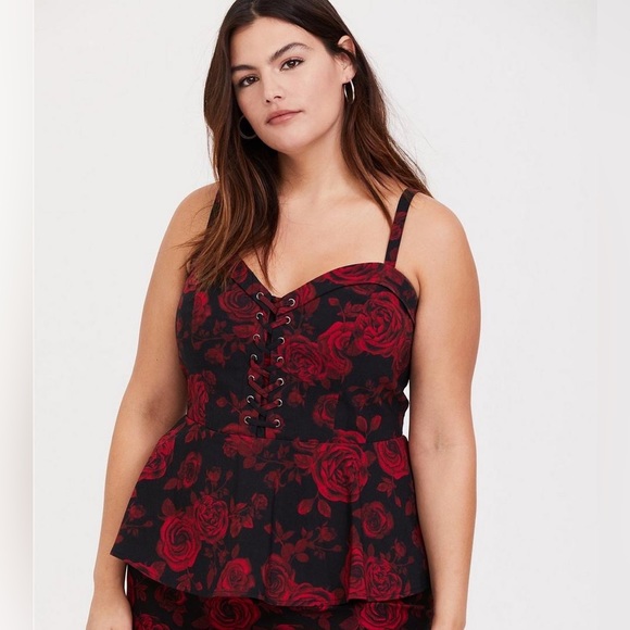 Torrid Red And Black Floral Bengaline Lace-Up Peplum Top (part of a set) - Picture 1 of 8
